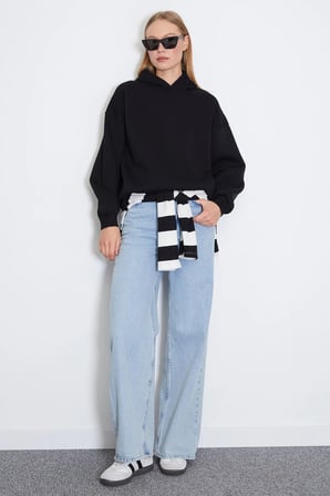 3 İplik Nervürlü Kapüşonlu Oversize Sweatshirt