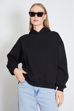 3 İplik Nervürlü Kapüşonlu Oversize Sweatshirt