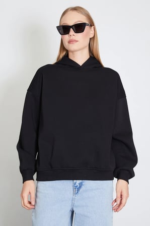 3 İplik Nervürlü Kapüşonlu Oversize Sweatshirt
