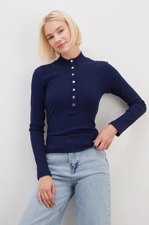 Fitilli Yarım Çıtçıtlı Dik Yaka Slim Fit Bluz