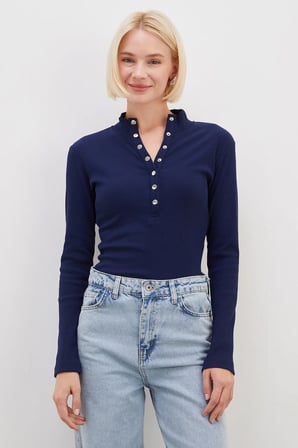 Fitilli Yarım Çıtçıtlı Dik Yaka Slim Fit Bluz