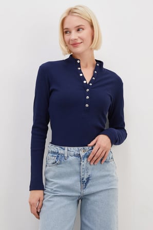 Fitilli Yarım Çıtçıtlı Dik Yaka Slim Fit Bluz