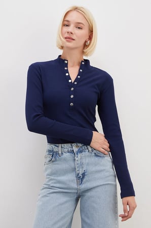 Fitilli Yarım Çıtçıtlı Dik Yaka Slim Fit Bluz