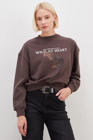 3 İplik Şardonsuz Kaplan Baskılı Oversize Sweatshirt