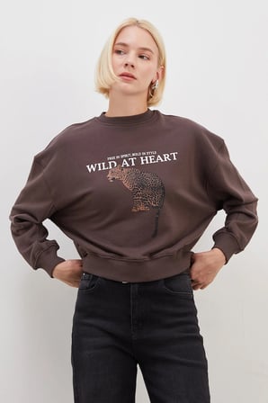 3 İplik Şardonsuz Kaplan Baskılı Oversize Sweatshirt
