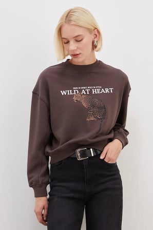 3 İplik Şardonsuz Kaplan Baskılı Oversize Sweatshirt