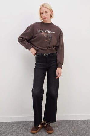 3 İplik Şardonsuz Kaplan Baskılı Oversize Sweatshirt