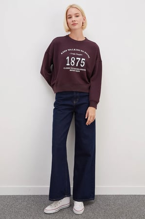 3 İplik Şardonsuz 1875 Baskılı Oversize Sweatshirt