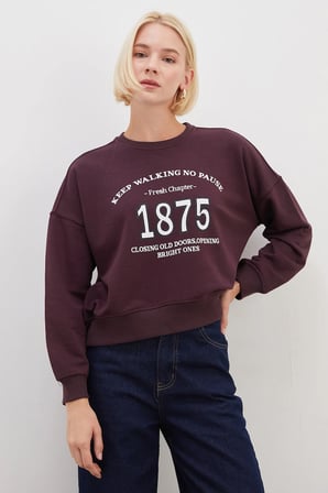 3 İplik Şardonsuz 1875 Baskılı Oversize Sweatshirt