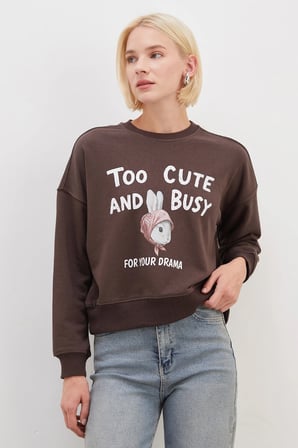 3 İplik Şardonsuz Tavşan Baskılı Oversize Sweatshirt