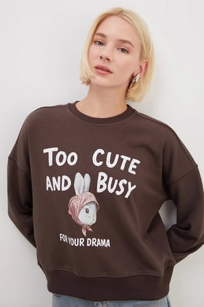 3 İplik Şardonsuz Tavşan Baskılı Oversize Sweatshirt