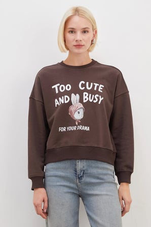 3 İplik Şardonsuz Tavşan Baskılı Oversize Sweatshirt