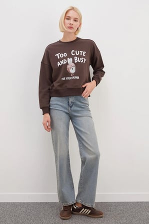3 İplik Şardonsuz Tavşan Baskılı Oversize Sweatshirt
