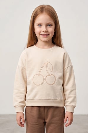 Kiraz Nakışlı Bisiklet Yaka Kız Çocuk Sweatshirt
