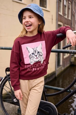 Kedi Baskılı Bisiklet Yaka Oversize Sweatshirt