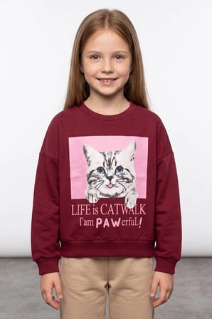 Kedi Baskılı Bisiklet Yaka Oversize Sweatshirt