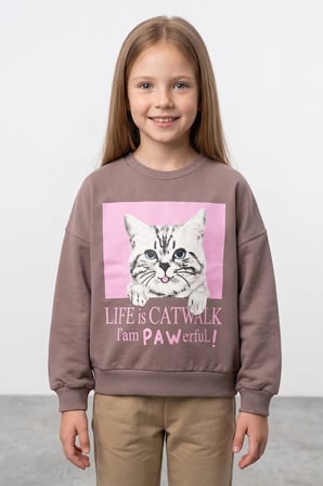 Kedi Baskılı Bisiklet Yaka Oversize Sweatshirt
