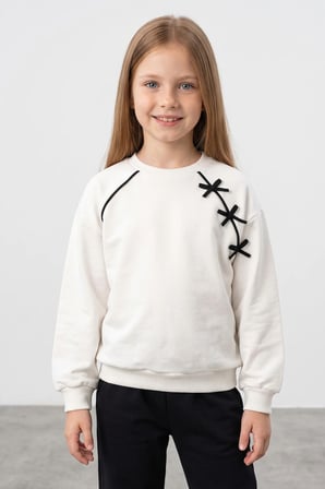 Fiyonk Nakışlı Biyeli Bisiklet Yaka Kız Çocuk Sweatshirt