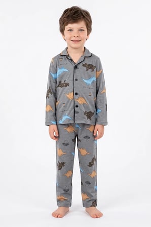 Dinozor Desenli Düğmeli Erkek Çocuk 2 Li Pijama Takımı