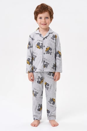 Araba Desenli Düğmeli Erkek Çocuk 2 Li Pijama Takımı