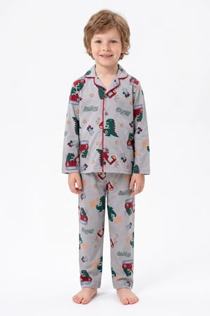 Trex Desenli Düğmeli Erkek Çocuk 2 Li Pijama Takımı