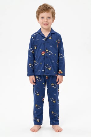 Kepçe Desenli Düğmeli Erkek Çocuk 2 Li Pijama Takımı