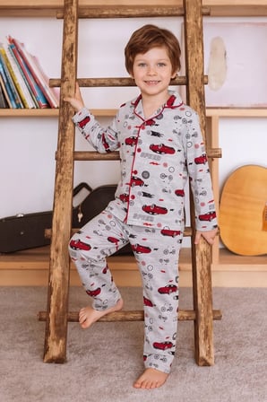 Araba Desenli Düğmeli Erkek Çocuk 2 Li Pijama Takımı