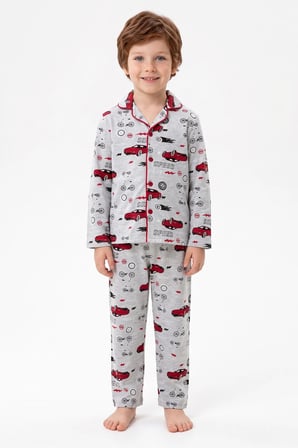 Araba Desenli Düğmeli Erkek Çocuk 2 Li Pijama Takımı