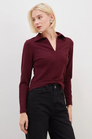 Yarım Fermuarlı Polo Yaka Slim Fit Modal Sweatshirt