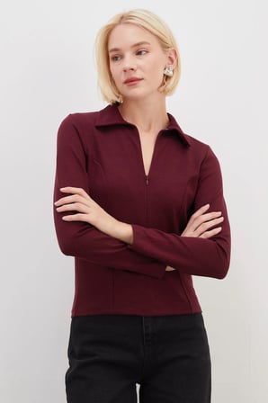 Yarım Fermuarlı Polo Yaka Slim Fit Modal Sweatshirt