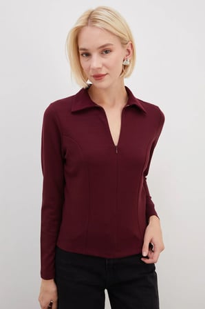 Yarım Fermuarlı Polo Yaka Slim Fit Modal Sweatshirt