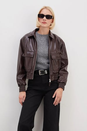 Çift Cepli Polo Yaka Suni Deri Bomber Ceket