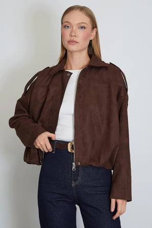 Fermuarlı Polo Yaka Süet Bomber Ceket