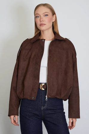 Fermuarlı Polo Yaka Süet Bomber Ceket