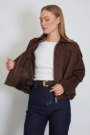 Fermuarlı Polo Yaka Süet Bomber Ceket