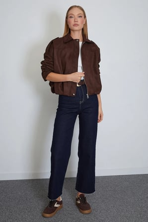 Fermuarlı Polo Yaka Süet Bomber Ceket