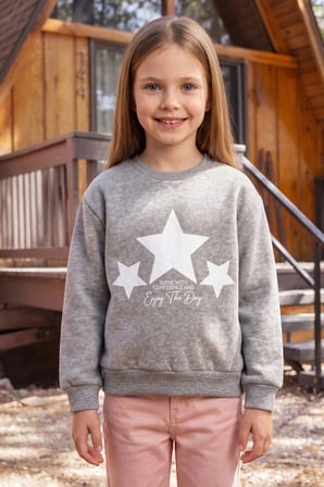 3 İplik Yıldız Baskılı Bisiklet Yaka Kız Çocuk Sweatshirt