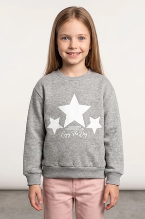 3 İplik Yıldız Baskılı Bisiklet Yaka Kız Çocuk Sweatshirt