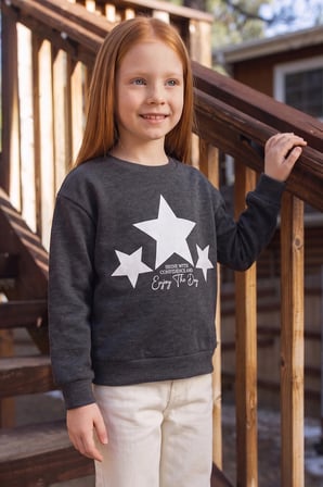 3 İplik Yıldız Baskılı Bisiklet Yaka Kız Çocuk Sweatshirt