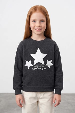3 İplik Yıldız Baskılı Bisiklet Yaka Kız Çocuk Sweatshirt