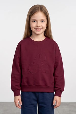 Kiraz Nakışlı Bisiklet Yaka Kız Çocuk Sweatshirt