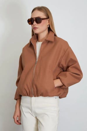 Fermuarlı Cepli Polo Yaka Kaşe Bomber Mont