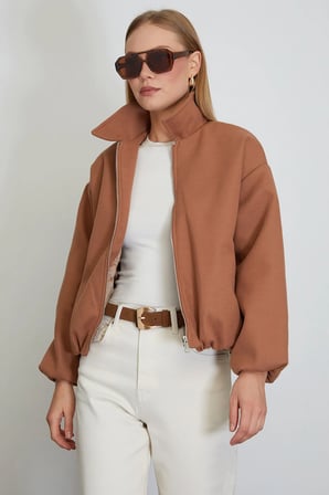 Fermuarlı Cepli Polo Yaka Kaşe Bomber Mont
