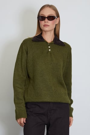 Kadife Polo Yaka Triko Kazak