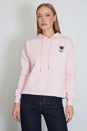 3 İplik Kalp Nakışlı Kapüşonlu Stoperli Sweatshirt