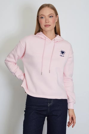 3 İplik Kalp Nakışlı Kapüşonlu Stoperli Sweatshirt