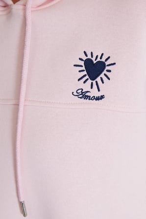3 İplik Kalp Nakışlı Kapüşonlu Stoperli Sweatshirt