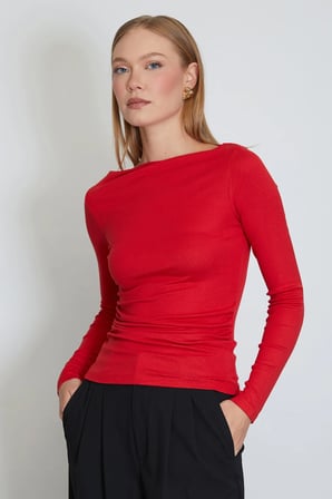Yanları Drapeli Kayık Yaka Slim Fit Bluz