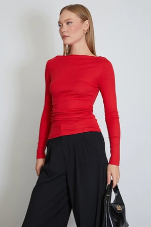Yanları Drapeli Kayık Yaka Slim Fit Bluz