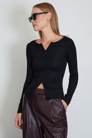 Çift Fermuarlı Bisiklet Yaka Slim Fit Bluz